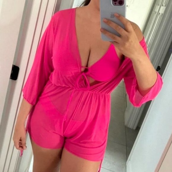 Hot Pink Preppy Womens Plain Halter Triangle Bikini Swimsuit With Cover Up - Picture 11 of 13